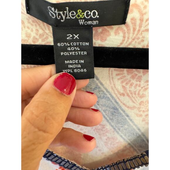 Style & Co 2X Handkerchief Hem Tank Top Ivory Orange Navy Sleeveless Boho - Picture 5 of 5